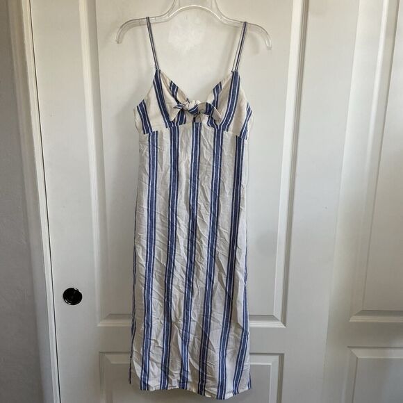 Roxy Sweetest Step Linen Blend Striped Midi Dress Blue Cream Size Medium - Picture 12 of 13